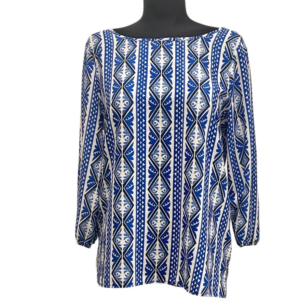 Women's Blue & White Geometric Pattern Boho Top V Back & Bow Detail Medium